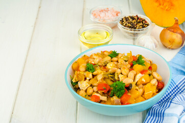 Stewed vegetables with pumpkin, meat and beans