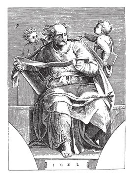 Prophet Joel, Adamo Scultori, after Michelangelo, 1585, vintage illustration.