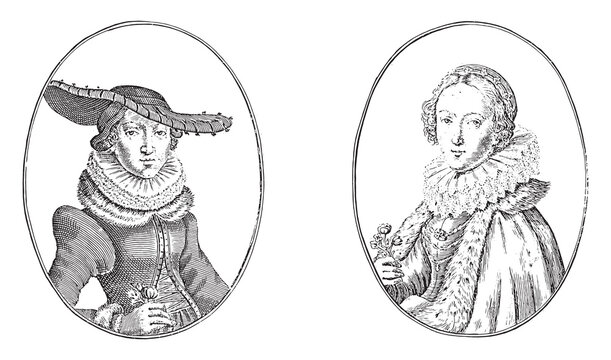 Portraits of the courtesans Maria van Strasbourg and Catrijn van Praag, vintage illustration.