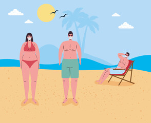 Obraz na płótnie Canvas social distancing on the beach, people wearing medical mask keep distance in the beach, new normal summer beach concept after coronavirus or covid 19 vector illustration