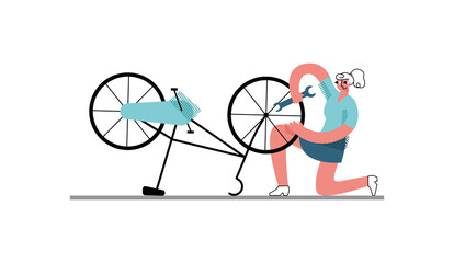 Vector flat illustration of young woman repairing Bicycle on her own. It can be used in web design, banners, posters, etc.