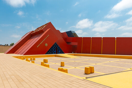 Facade of the Sipan Lord royal tombs museum in modern architecture style in Lambayeque city between Trujillo and Chiclayo, Peru.