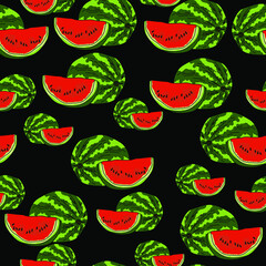 Watermelon seamless pattern, green and red fruit on a black background, hand draw vector illustration