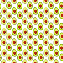 Seamless exotic plant vector pattern on white background. Hand drawn avocado slices. Perfect for wallpaper or fabric.