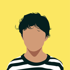 Front portrait of a guy. Faceless young dark haired boy. Avatar for social networks. Fashion and beauty. Bright vector illustration in flat style.