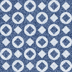 Vector Jeans background with circles and squares. Denim seamless pattern. Blue jeans cloth.