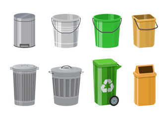 Colorful recycle trash bin set. Trash bin with pedal and swing top. Metal bucket with cap. Vector illustrations