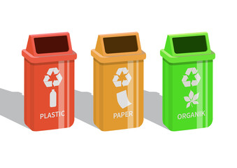 Different colored trash cans with paper, plastic, and organic waste.