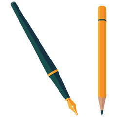 Fountain pen and pencil tools sticker set on white isolated backdrop. Stationery for invitation card, notebook, bath tile, scrapbook. Phone case or cloth print. Flat style stock vector illustration