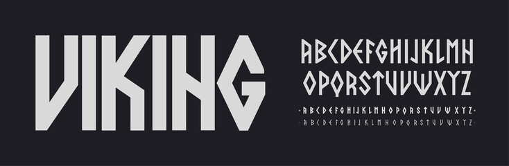 Scandinavian font, Nordic runes style Letters. Viking ethnic typescript. Thin, regular and bold font set, vector modern typography design - obrazy, fototapety, plakaty
