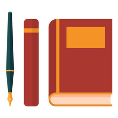 Fountain pen and book sticker set on white isolated backdrop. Textbook for invitation or gift card, notebook, bath tile, scrapbook. Phone case or cloth print. Flat style stock vector illustration