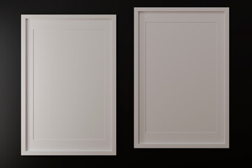 Two vertical white frame mockup, white frame on black wall, 3d illustration