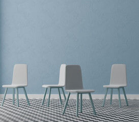 Interior room with chairs on blue wall, 3d illustration