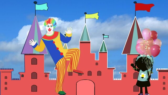 遊園地でダンスをする道化師
