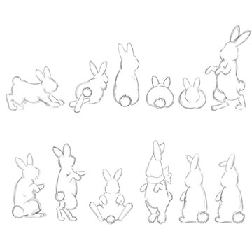 Set of a Vector Illustration of White Rabbits. Contour Sketches of Small Bunnies. Freehand Draw. Free Hand Drawing. Kids style.
