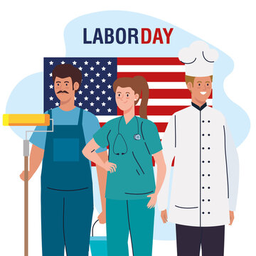 labor day poster with people group different occupation and flag usa vector illustration design