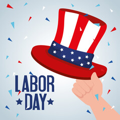 happy labor day holiday banner with hand and hat of sam vector illustration design