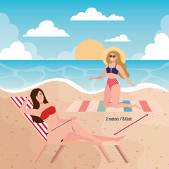 social distancing on the beach, women keep distance two meters or six feet, new normal summer beach concept after coronavirus or covid 19 vector illustration design