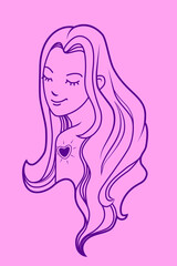 Vector illustration portrait of a young girl with long hair on a pink backround. Self-love, self-care, tenderness. You are worthy of love!