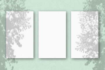 3 vertical sheets of textured white paper on light green table background. Mockup overlay with the plant shadows. Natural light casts shadows from an exotic plant. Horizontal orientation