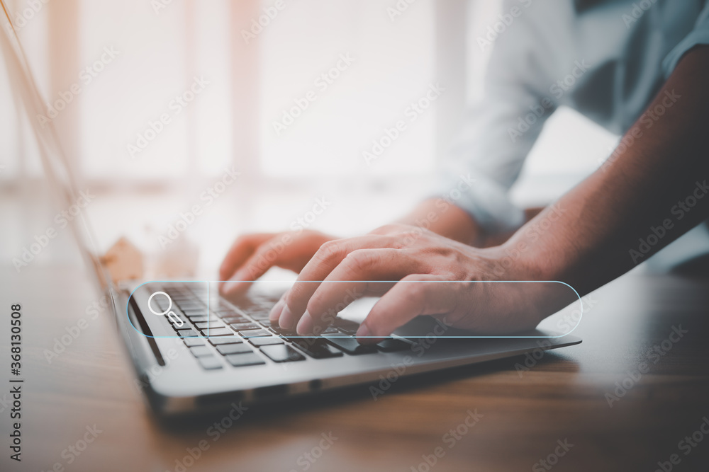 Aufkleber Data Search Technology Search Engine Optimization. man's hands are using a computer notebook to Searching for information.Using Search Console with your website.