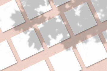 Several square sheets of white textured paper against a pink wall background. Natural light casts...