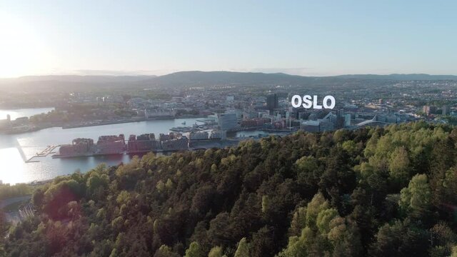 Aerial view of downtown Oslo harbor and promenade with sticky 3D text