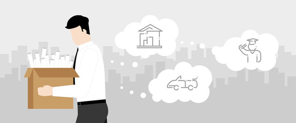 Unemployed concept. Office man leaving from workplace. Thinking of House, Car, Kid Graduation. 