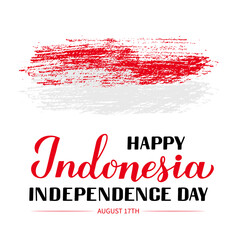 Indonesia Independence Day calligraphy hand lettering isolated on white. National holiday celebrated on August 17. Vector template for typography poster, banner, greeting card, flyer, etc