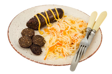 Black sausage with sauerkraut. Studio Photo
