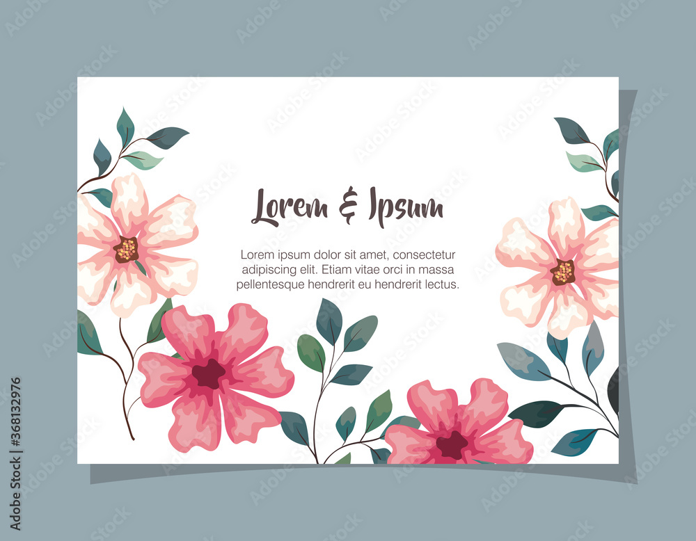 Wall mural greeting card with flowers, wedding invitation with flowers, with branches and leaves decoration vec