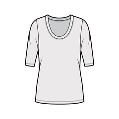Naklejka premium Scoop neck jersey shirt technical fashion illustration with elbow sleeves, oversized body, tunic length. Flat sweater apparel template front, grey color. Women, men unisex outfit top mockup