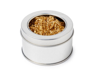 Metal chips in the tin can isolated on white background. is used to clean the soldering iron from the deposit. with clipping path