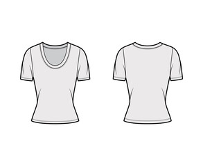 Scoop neck jersey t-shirt technical fashion illustration with short sleeves, close-fitting shape. Flat apparel template front, back grey color. Women, men, unisex outfit top CAD mockup