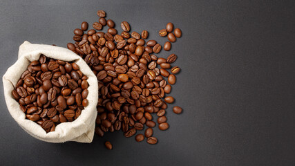 coffee beans in a sack on dark background, top view with copy space for design.