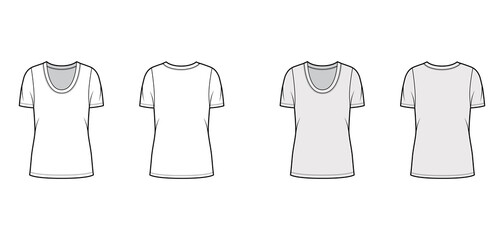 Scoop neck jersey t-shirt technical fashion illustration with short sleeves, oversized body, tunic length. Flat apparel template front back, white, grey color. Women, men, unisex outfit top CAD mockup