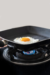 fried egg on a frying pan on the strove