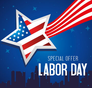 labor day sale promotion advertising banner, with flag united states and silhouette of cityscape vector illustration design