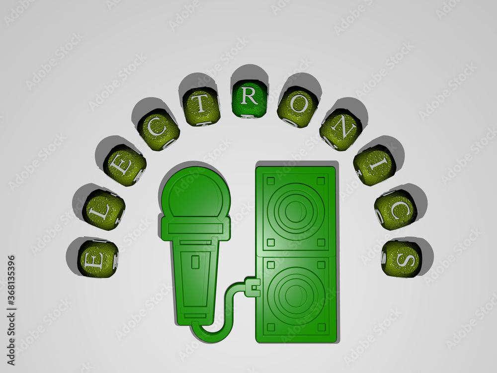 Poster 3d representation of electronics with icon on the wall and text arranged by metallic cubic letters o