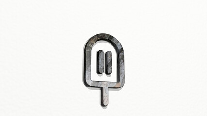 ice cream stick made by 3D illustration of a shiny metallic sculpture on a wall with light background. cold and blue