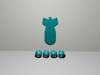 3D illustration of BOMB graphics and text made by metallic dice letters for the related meanings of the concept and presentations. background and explosion
