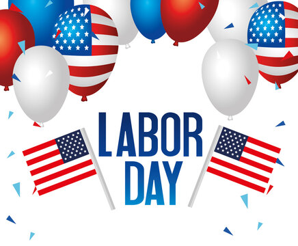 happy labor day holiday banner with united states national flags and balloons helium vector illustration design