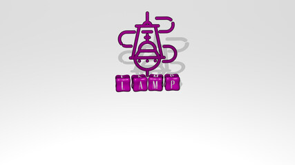 3D representation of LAMP with icon on the wall and text arranged by metallic cubic letters on a mirror floor for concept meaning and slideshow presentation. background and illustration