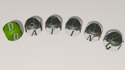 crosswords of DATING arranged by cubic letters on a mirror floor, concept meaning and presentation. couple and love