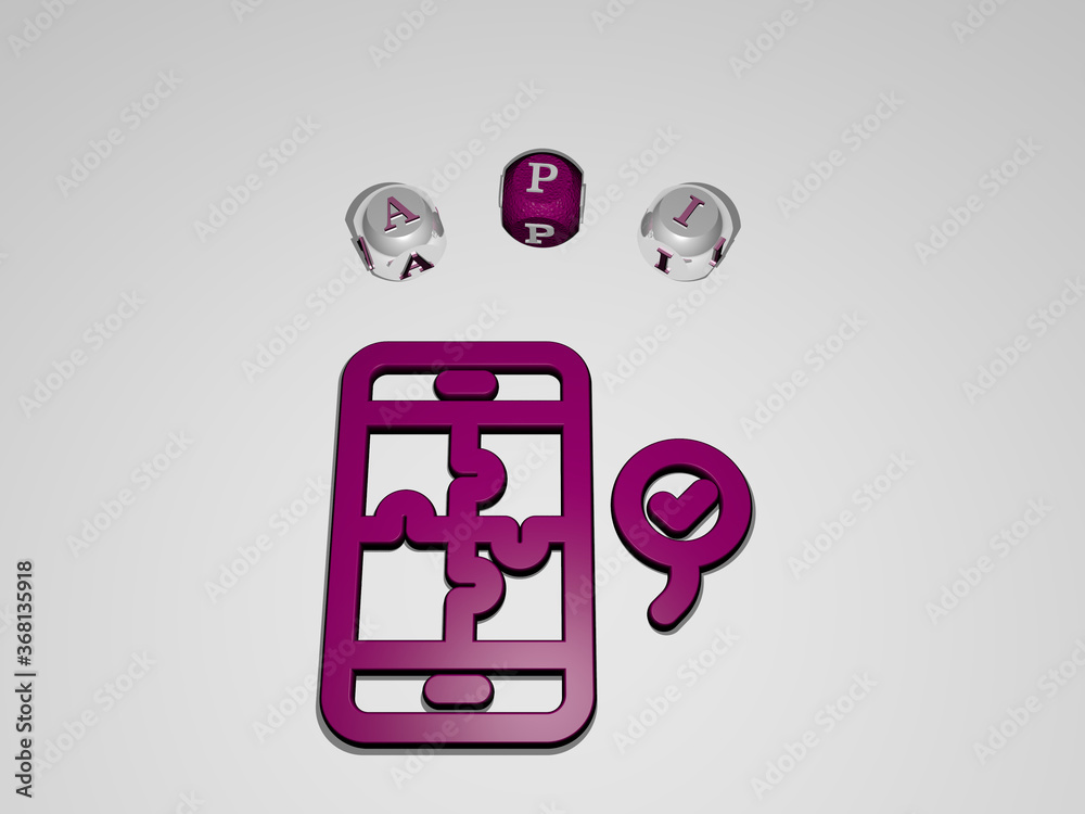 Fototapete 3d illustration of api graphics and text around the icon made by metallic dice letters for the relat