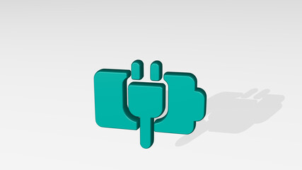 BATTERY CHARGE from a perspective with the shadow. A thick sculpture made of metallic materials of 3D rendering. illustration and background