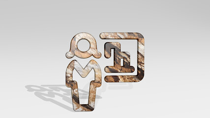 SINGLE WOMAN STATIS casting shadow with two lights. 3D illustration of metallic sculpture over a white background with mild texture. icon and isolated