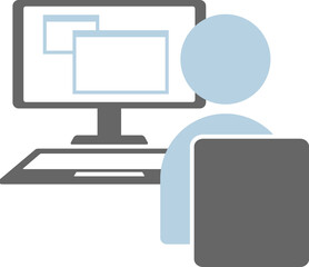 机上のPCで仕事をするデスクワークのイラストアイコン