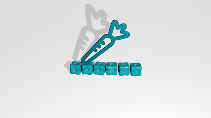 3D illustration of carrot graphics and text made by metallic dice letters for the related meanings of the concept and presentations. background and food