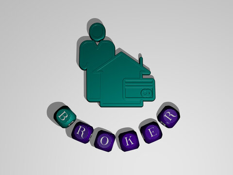 3D illustration of broker graphics and text around the icon made by metallic dice letters for the related meanings of the concept and presentations. business and businessman